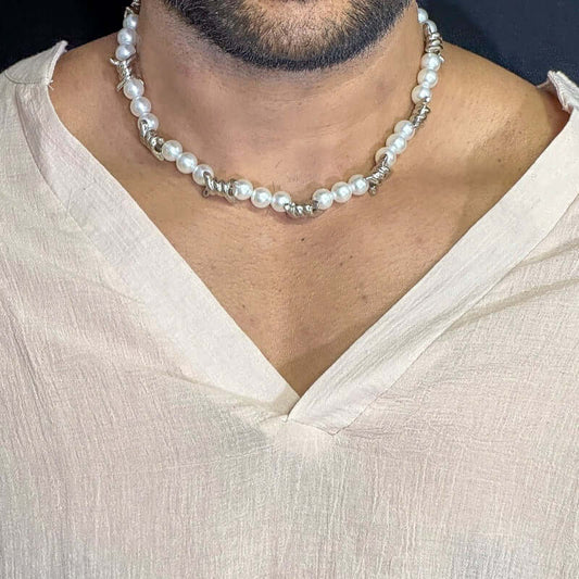 TWISTED KNOT - Italian Styled Pearl with Twist Metal Knot Choker Necklaces for men and boys (20 Inch) - THE MEN THING