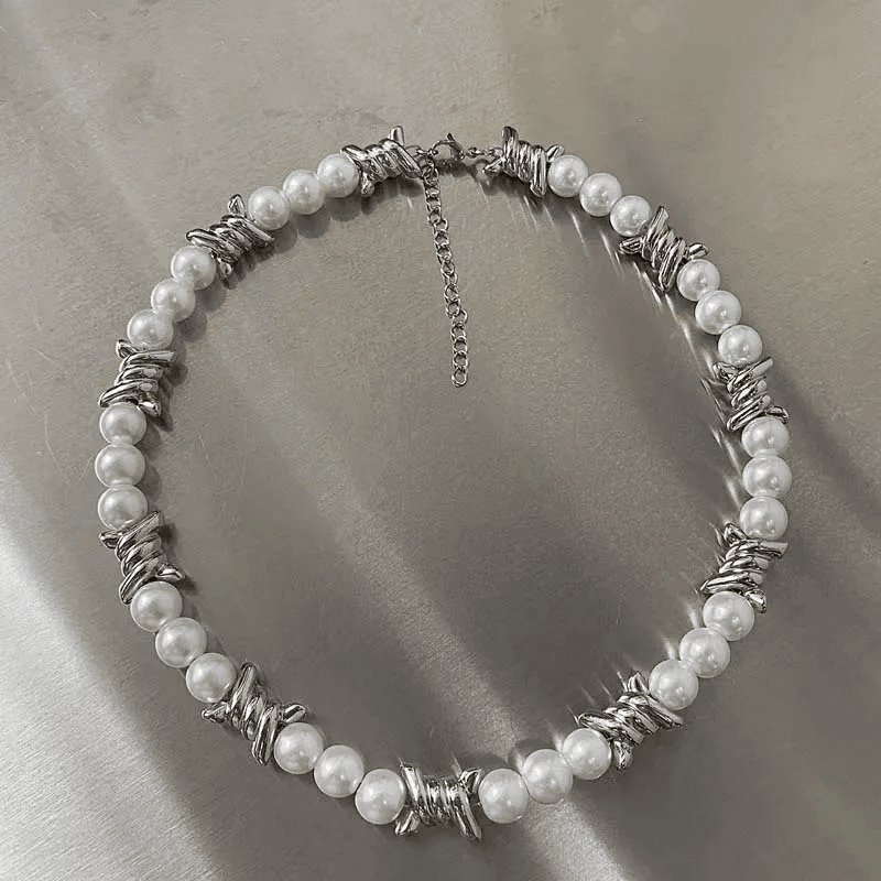 TWISTED KNOT - Italian Styled Pearl with Twist Metal Knot Choker Necklaces for men and boys (20 Inch) - THE MEN THING