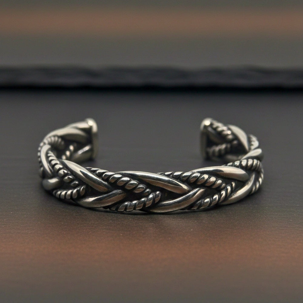 TWISTED TEXTURE - Open Bangle Bracelet (Adjustable) - 12mm Stainless Steel for Men & Boys - THE MEN THING