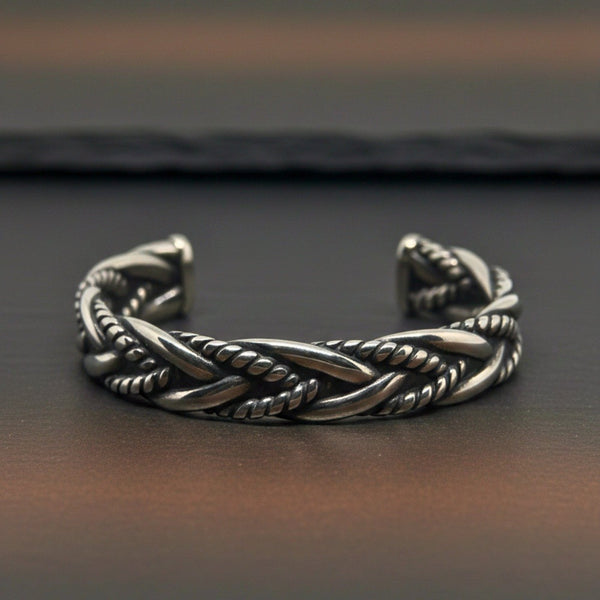 TWISTED TEXTURE - Open Bangle Bracelet (Adjustable) - 12mm Stainless Steel for Men & Boys