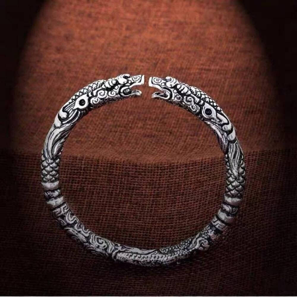 TWO HEADED DRAGON - "7" mm Pure Alloy Silver Cuff Adjustable Bracelet for Men & Boy - THE MEN THING
