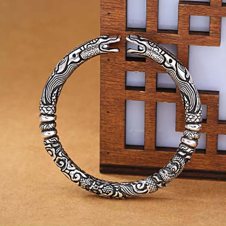 TWO HEADED DRAGON - "7" mm Pure Alloy Silver Cuff Adjustable Bracelet for Men & Boy - THE MEN THING