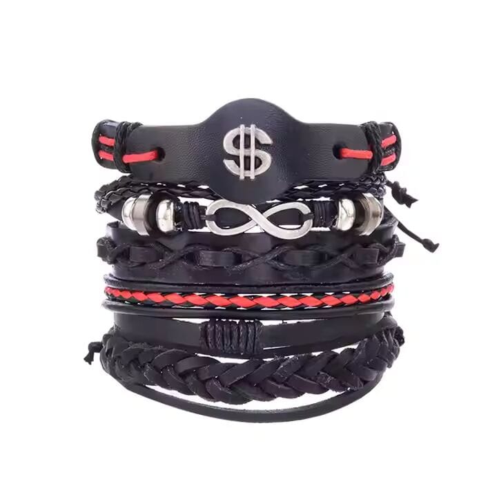 URBAN DOLLAR -  5 Pcs Genuine Braided Leather Bracelet Set for Men & Boys (8 inch) - THE MEN THING