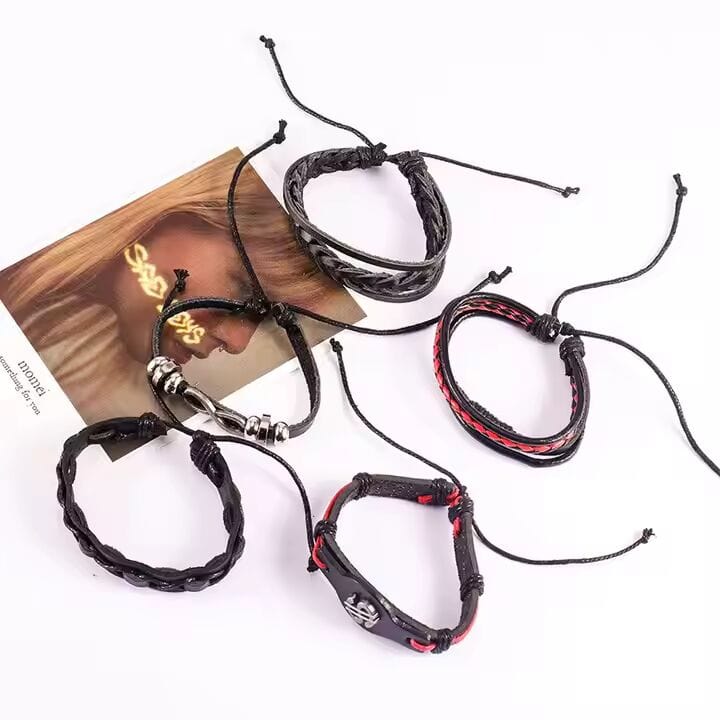 URBAN DOLLAR -  5 Pcs Genuine Braided Leather Bracelet Set for Men & Boys (8 inch) - THE MEN THING