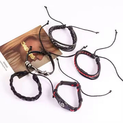 URBAN DOLLAR -  5 Pcs Genuine Braided Leather Bracelet Set for Men & Boys (8 inch) - THE MEN THING