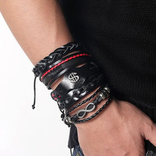 URBAN DOLLAR -  5 Pcs Genuine Braided Leather Bracelet Set for Men & Boys (8 inch) - THE MEN THING