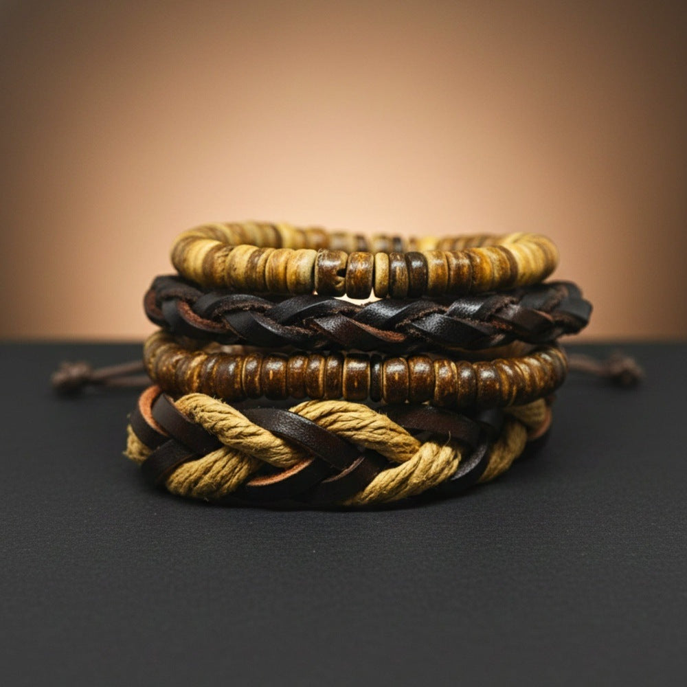 URBAN NOMAD - 4 Pcs Brown Genuine Leather Adjustable Bracelet Set for Men & Boys (8 inch) - THE MEN THING