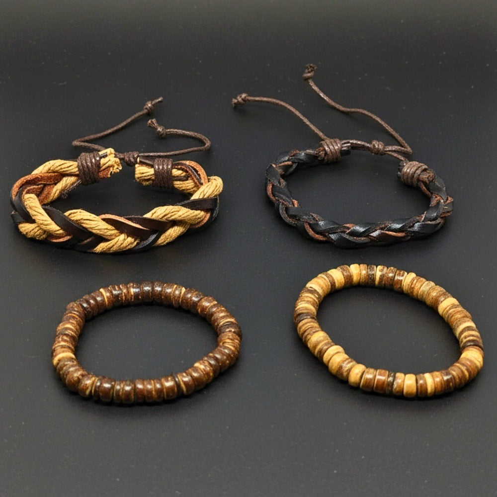 URBAN NOMAD - 4 Pcs Brown Genuine Leather Adjustable Bracelet Set for Men & Boys (8 inch) - THE MEN THING