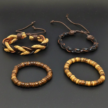 URBAN NOMAD - 4 Pcs Brown Genuine Leather Adjustable Bracelet Set for Men & Boys (8 inch) - THE MEN THING