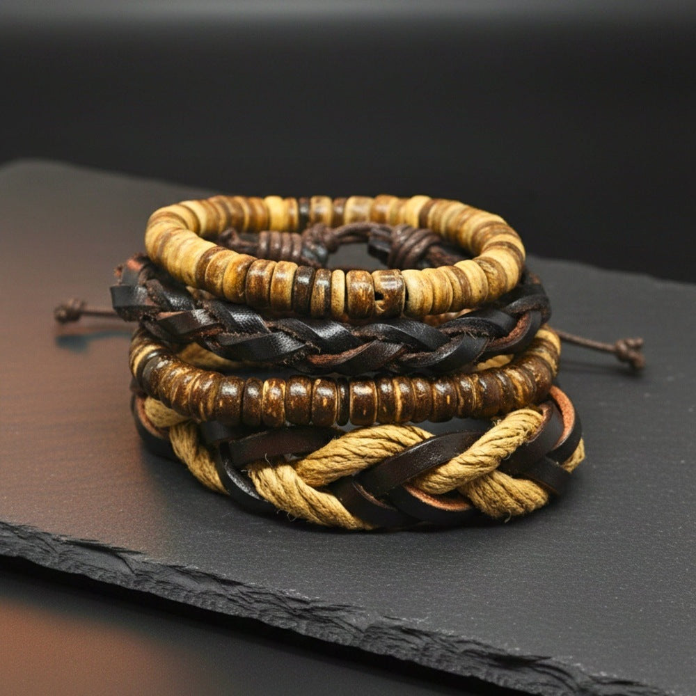 URBAN NOMAD - 4 Pcs Brown Genuine Leather Adjustable Bracelet Set for Men & Boys (8 inch) - THE MEN THING