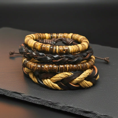 URBAN NOMAD - 4 Pcs Brown Genuine Leather Adjustable Bracelet Set for Men & Boys (8 inch) - THE MEN THING