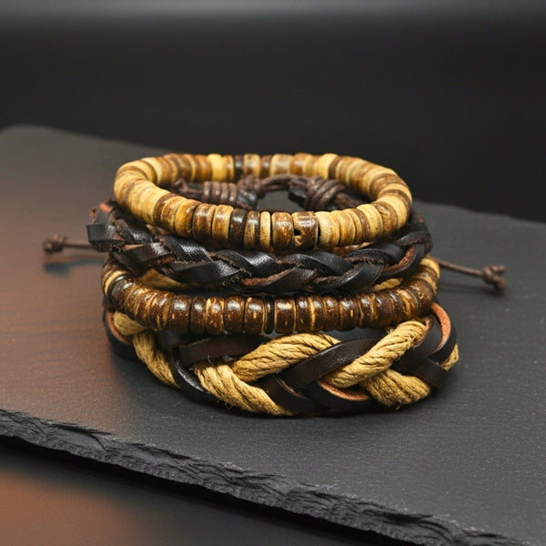 URBAN NOMAD - 4 Pcs Brown Genuine Leather Adjustable Bracelet Set for Men & Boys (8 inch)