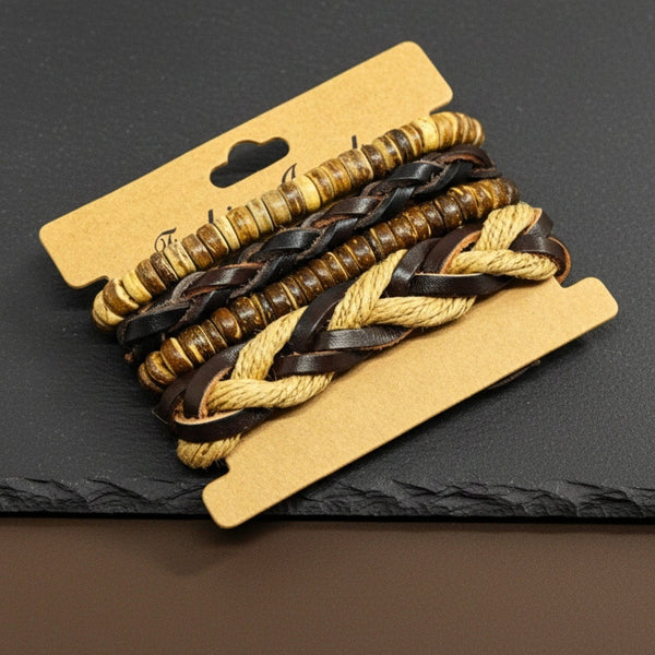 URBAN NOMAD - 4 Pcs Brown Genuine Leather Adjustable Bracelet Set for Men & Boys (8 inch)