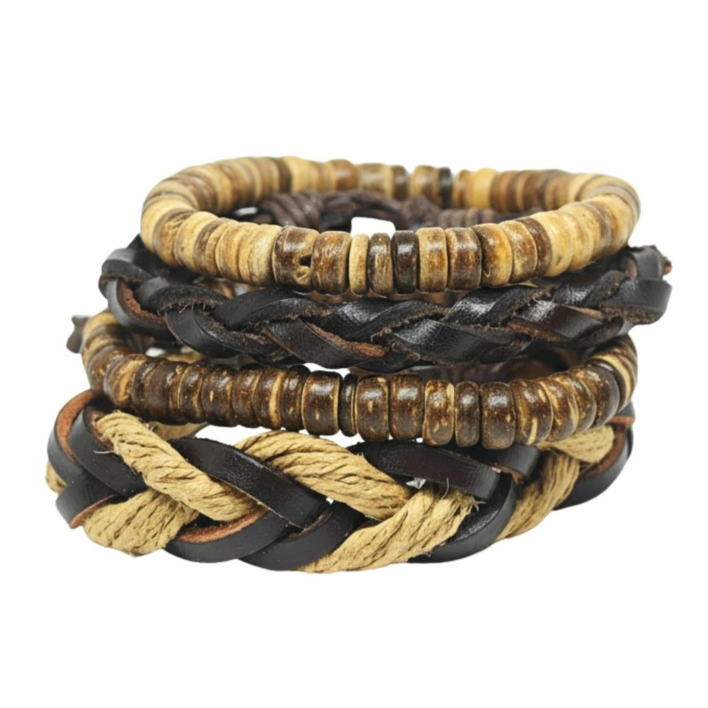 URBAN NOMAD - 4 Pcs Brown Genuine Leather Adjustable Bracelet Set for Men & Boys (8 inch) - THE MEN THING