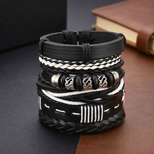 URBAN STACK - 6 Pcs Genuine Leather Adjustable Bracelet for Men & Boys