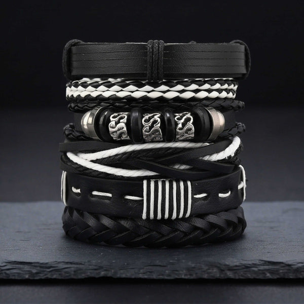URBAN STACK - 6 Pcs Genuine Leather Adjustable Bracelet for Men & Boys