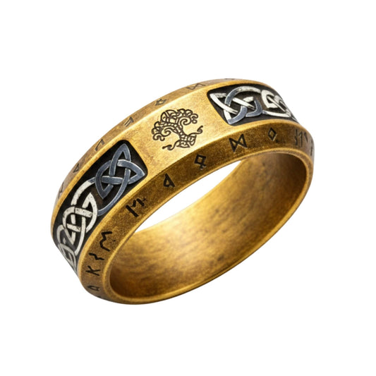 VALKNUT RUNE - Antique Golden Pure Stainless Steel Men’s Antique Golden - Plated Ring (Size : 17-26) - THE MEN THING
