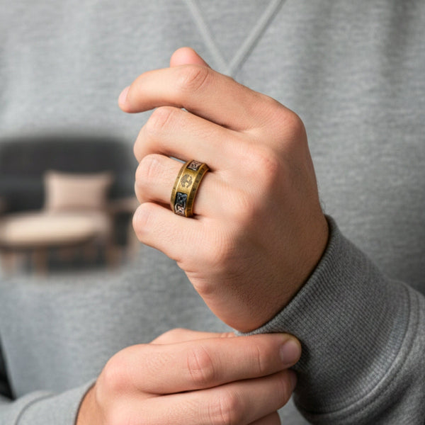 VALKNUT RUNE - Antique Golden Pure Stainless Steel Men’s Antique Golden - Plated Ring (Size : 17-26)