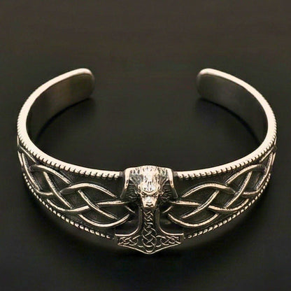 VALKNUT WOLF - Pure Stainless Steel Open Bangle Bracelet (Adjustable) for Men & Boys - THE MEN THING