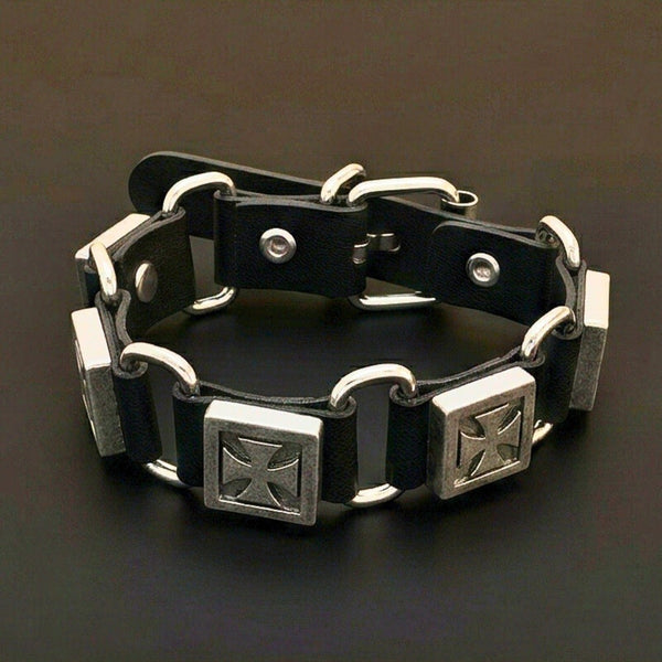 VANGUARD CROSS - Black 23mm Genuine Leather Bracelet with Stainless Steel Buckle Clasp for Men & Boys (8 to 9 inch)