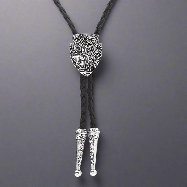 VANGUARD - Retro Alloy Pendant Bolo Tie | Adjustable Genuine Leather Cowboy Necktie Necklace for Men & Boys