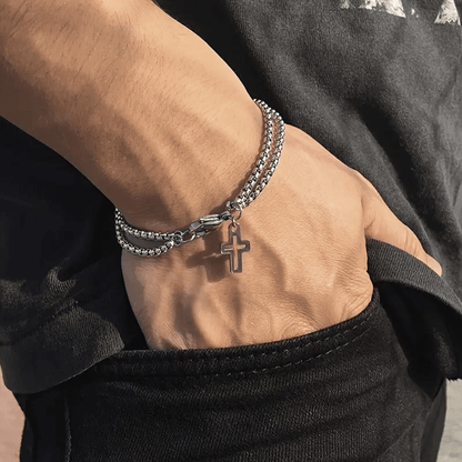VECTRO NEXUS -  Pure Stainless Steel Double Chain Cross Hollow Bracelet 8 inch with Lobster Claw Buckle for Men & Boy. - THE MEN THING