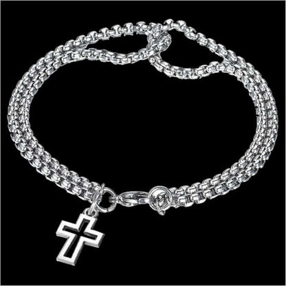 VECTRO NEXUS -  Pure Stainless Steel Double Chain Cross Hollow Bracelet 8 inch with Lobster Claw Buckle for Men & Boy. - THE MEN THING