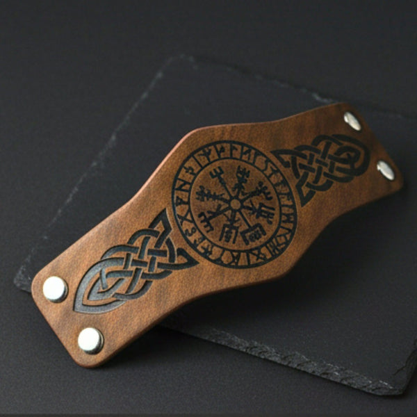 VEGVISIR RUNIC - 50.7mm Brown Genuine Leather Adjustable Bracelet for Men & Boys (9.5 inch)