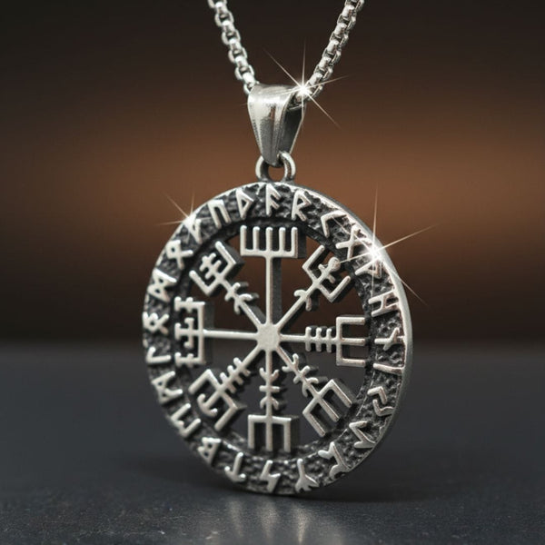 VEGVISIR SHIELD - 40mm Titanium Steel Pendant with 24inch Round Box 5mm Chain for Men & Boys
