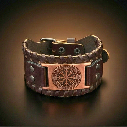 VEGVISIR WARRIOR BROWN - "40"mm Wide Genuine Leather Adjustable Cuff Bracelet with Stainless Steel Hook for Men & Boys - THE MEN THING