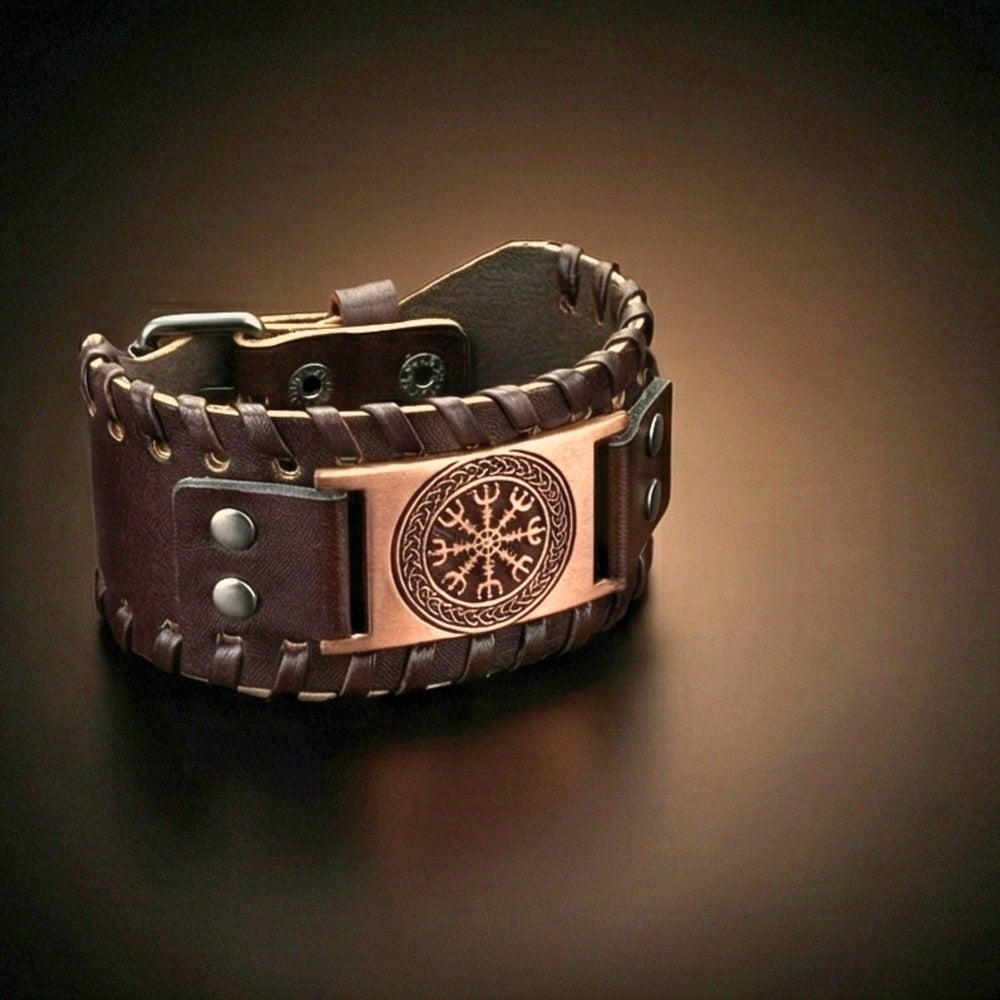 VEGVISIR WARRIOR BROWN - "40"mm Wide Genuine Leather Adjustable Cuff Bracelet with Stainless Steel Hook for Men & Boys - THE MEN THING