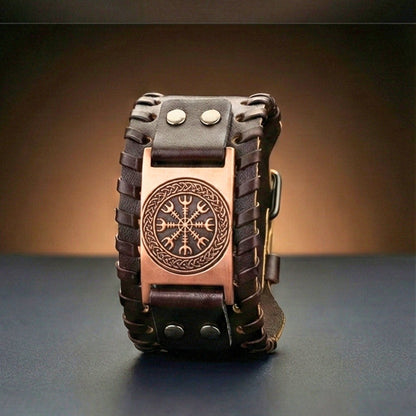 VEGVISIR WARRIOR BROWN - "40"mm Wide Genuine Leather Adjustable Cuff Bracelet with Stainless Steel Hook for Men & Boys - THE MEN THING