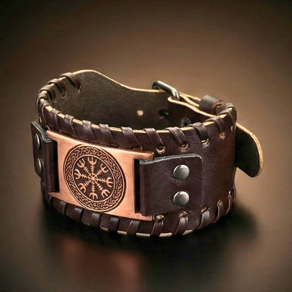 VEGVISIR WARRIOR BROWN - "40"mm Wide Genuine Leather Adjustable Cuff Bracelet with Stainless Steel Hook for Men & Boys - THE MEN THING