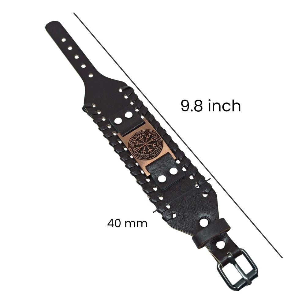 VEGVISIR WARRIOR BROWN - "40"mm Wide Genuine Leather Adjustable Cuff Bracelet with Stainless Steel Hook for Men & Boys - THE MEN THING