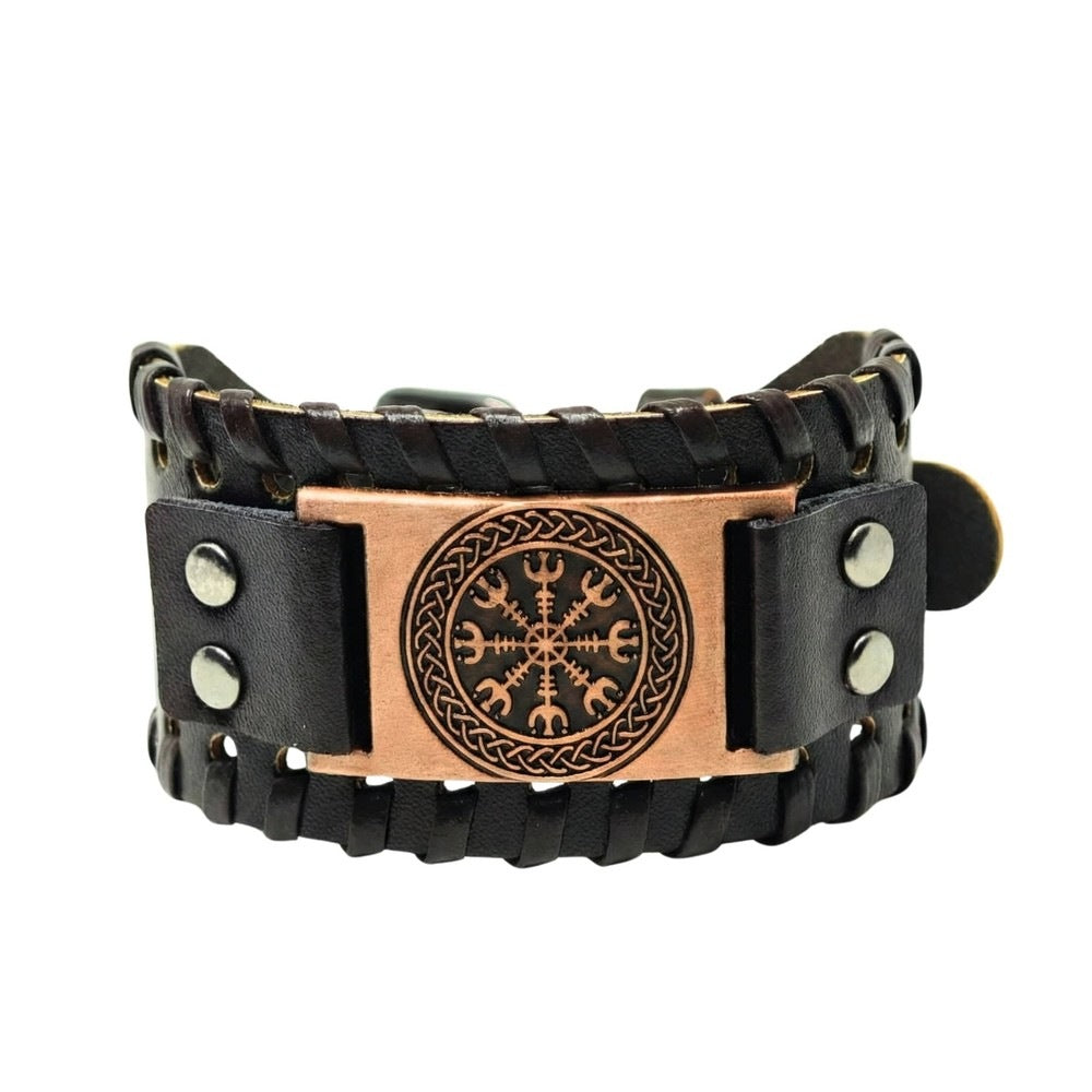 VEGVISIR WARRIOR BROWN - "40"mm Wide Genuine Leather Adjustable Cuff Bracelet with Stainless Steel Hook for Men & Boys - THE MEN THING