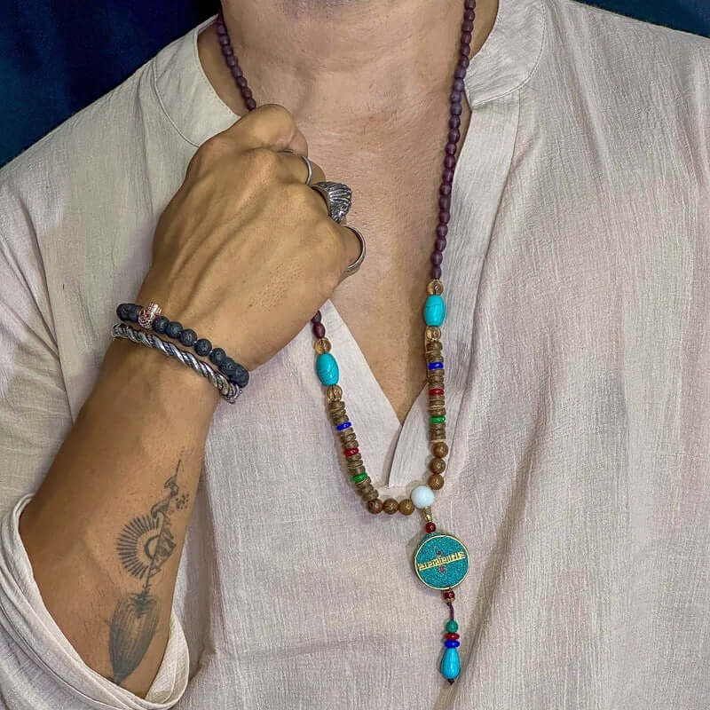VERDANT - Stylish Wood Bead Long Necklace with Blue Pendant for Men & Boys  (36 Inch) - THE MEN THING