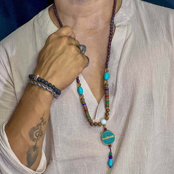 VERDANT - Stylish Wood Bead Long Necklace with Blue Pendant for Men & Boys  (36 Inch)