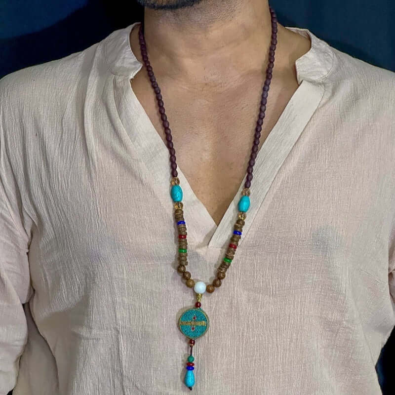 VERDANT - Stylish Wood Bead Long Necklace with Blue Pendant for Men & Boys  (36 Inch) - THE MEN THING