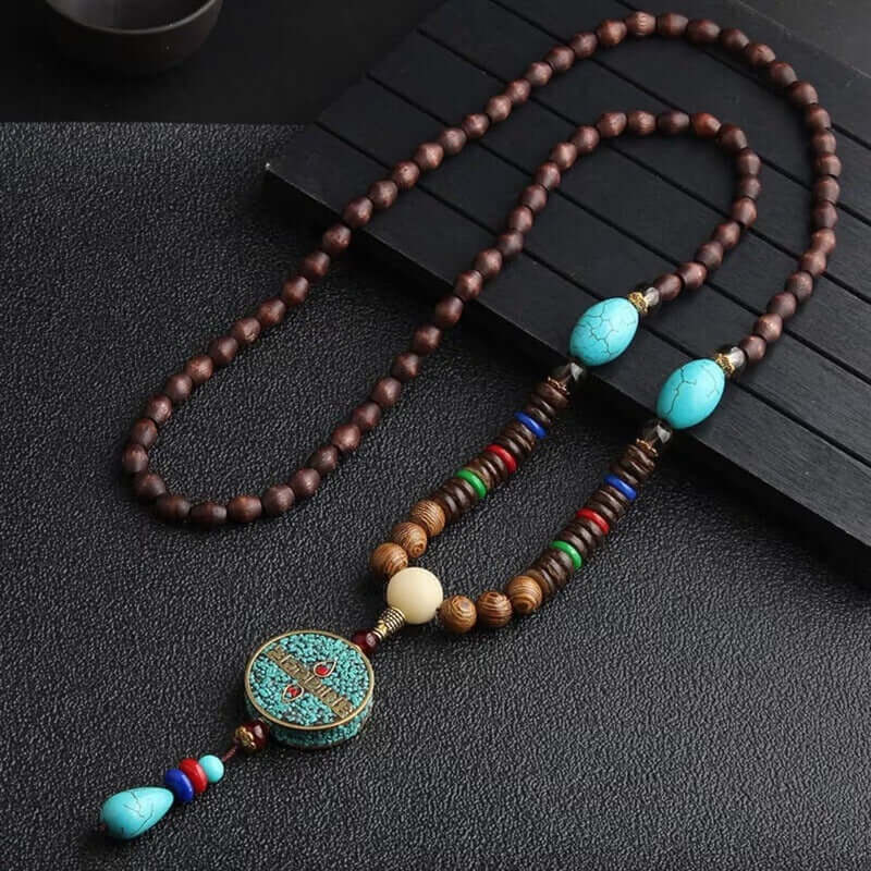 VERDANT - Stylish Wood Bead Long Necklace with Blue Pendant for Men & Boys  (36 Inch) - THE MEN THING