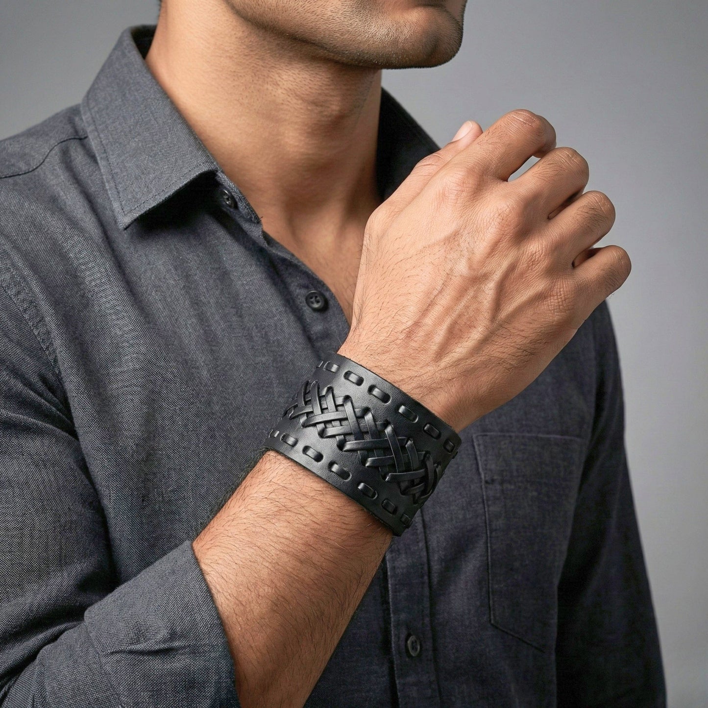 VERTEX STRAP BLACK - Genuine Braided Leather Bracelet Set for Men & Boys (8 inch) - THE MEN THING