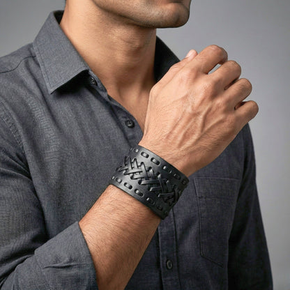 VERTEX STRAP BLACK - Genuine Braided Leather Bracelet Set for Men & Boys (8 inch) - THE MEN THING