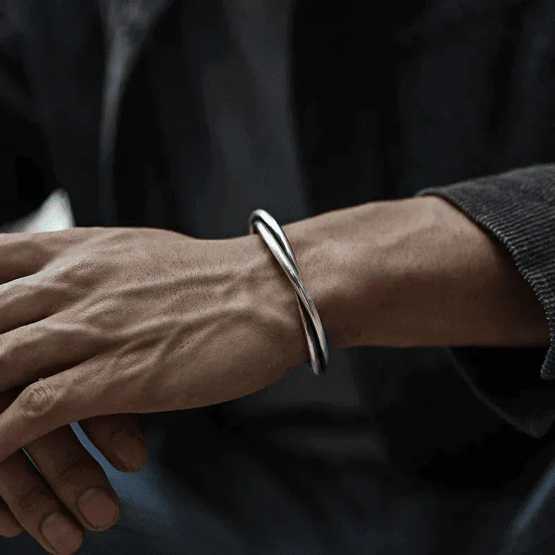 VERVE TWISTED - Open Bangle Bracelet (Adjustable) - 12mm Stainless Steel for Men & Boys - THE MEN THING