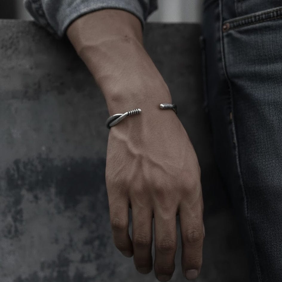VERVE TWISTED - Open Bangle Bracelet (Adjustable) - 12mm Stainless Steel for Men & Boys - THE MEN THING