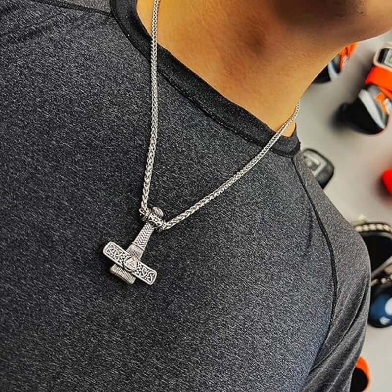 VIKING NORDIC HAMMER SILVER - Pure Titanium Steel Necklace with 24 inch Chain for Men & Boys - THE MEN THING