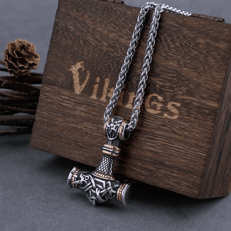 VIKING NORSE GOD HAMMER GOLD -- Pure Titanium Steel Necklace with 24 inch Chain for Men & Boys - THE MEN THING