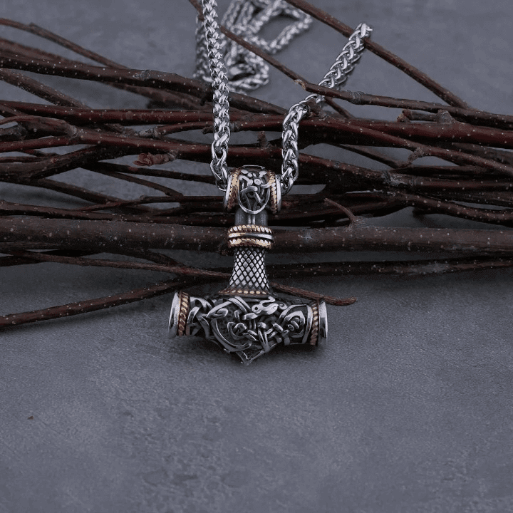 VIKING NORSE GOD HAMMER GOLD -- Pure Titanium Steel Necklace with 24 inch Chain for Men & Boys - THE MEN THING