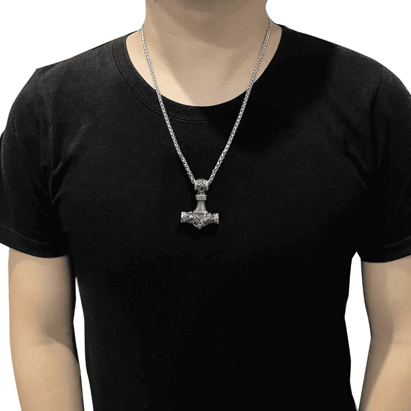 VIKING NORSE GOD HAMMER SILVER -- Pure Titanium Steel Necklace with 24 inch Chain for Men & Boys - THE MEN THING