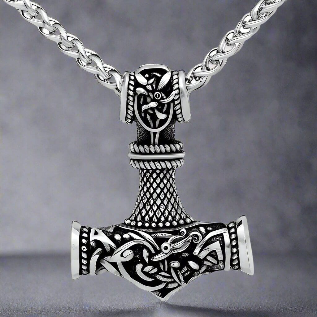VIKING NORSE GOD HAMMER SILVER -- Pure Titanium Steel Necklace with 24 inch Chain for Men & Boys - THE MEN THING