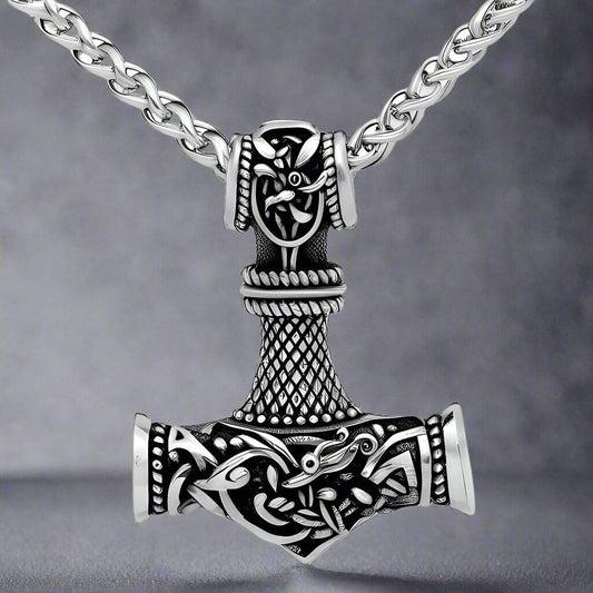 VIKING NORSE GOD HAMMER SILVER -- Pure Titanium Steel Necklace with 24 inch Chain for Men & Boys - THE MEN THING