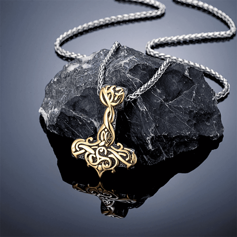 VIKING RUNES THOR HAMMER GOLD - Pure Titanium Steel Necklace with 24 inch Chain for Men & Boys - THE MEN THING